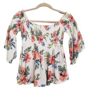 Hollister White Smocked Off Shoulder Floral Blouse size S NWT